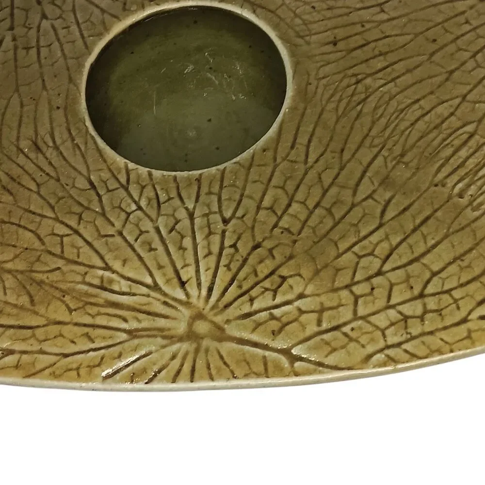 Lebeth Lammers Studio Pottery Ikebana Vase Green & Brown & Leaf Imprints 10